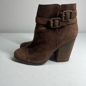 Lucky Brand Womens Lauren Ankle Boots Brown Suede Block Heels Zip Buckle  Sz8M